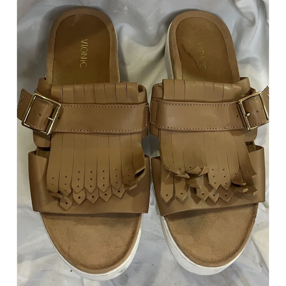 Vionic Fillmore Tan Leather Orthotic Comfort Slide Sandals size 9 1/2 MSRP $120